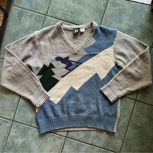 VTG 70s 80s Winter Ski Slope Scene Skiing Chunky Knit Novelty V-neck Sweater